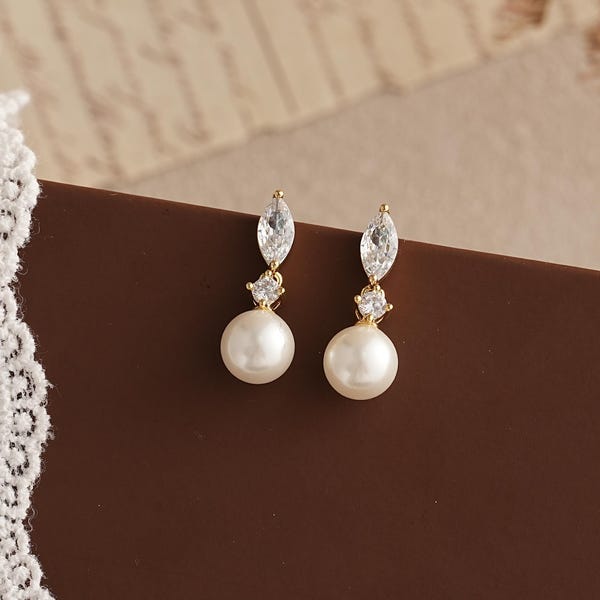 Diamond Pearl Earrings,Marquise CZ Pearl Earrings,Crystal Bridal Earrings,Wedding Jewelry,Mother's Day Gift,Bridesmaid Gifts for Her