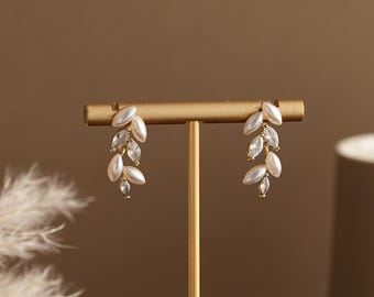 Pendientes de perla de hoja de cristal, pendientes de perla de agua dulce con diamantes, pendientes de novia de cristal, pendientes de perla, pendientes de boda, regalo de dama de honor