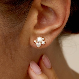 Natural Freshwater Pearl Earrings with CZ Diamond,Pearl Stud Earrings,Diamond Stud Bridal Earrings,Bridesmaid Gifts for Her,Mothers Day Gift