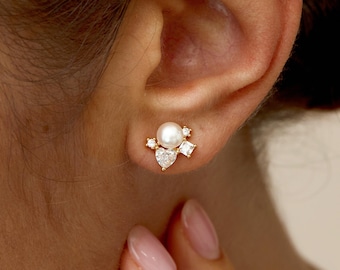 Natuurlijke zoetwaterpareloorbellen met zirkonia diamant, pareloorknopjes, diamanten stud bruidsoorbellen, bruidsmeisje cadeaus voor haar, Moederdagcadeau