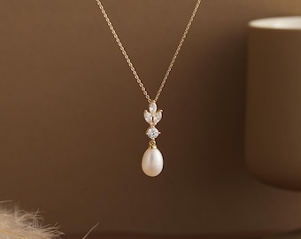 Parelketting diamantblad, zoetwaterparelketting, bruiloft parelketting, kristallen bruidssieraden set, Moederdagcadeau, cadeau bruidsmeisje