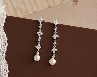 Crystal Clover pareloorbellen, natuurlijke zoetwaterpareloorbellen, parel hangoorbellen, cadeaus bruidsmeisje, bruidsoorbellen, Moederdagcadeau