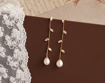 Pareloorbellen bladgoud, bladgoud oorbellen, lange parel hangoorbellen met zirkonia diamant, bruidsoorbellen, huwelijkssieraden, cadeaus bruidsmeisje