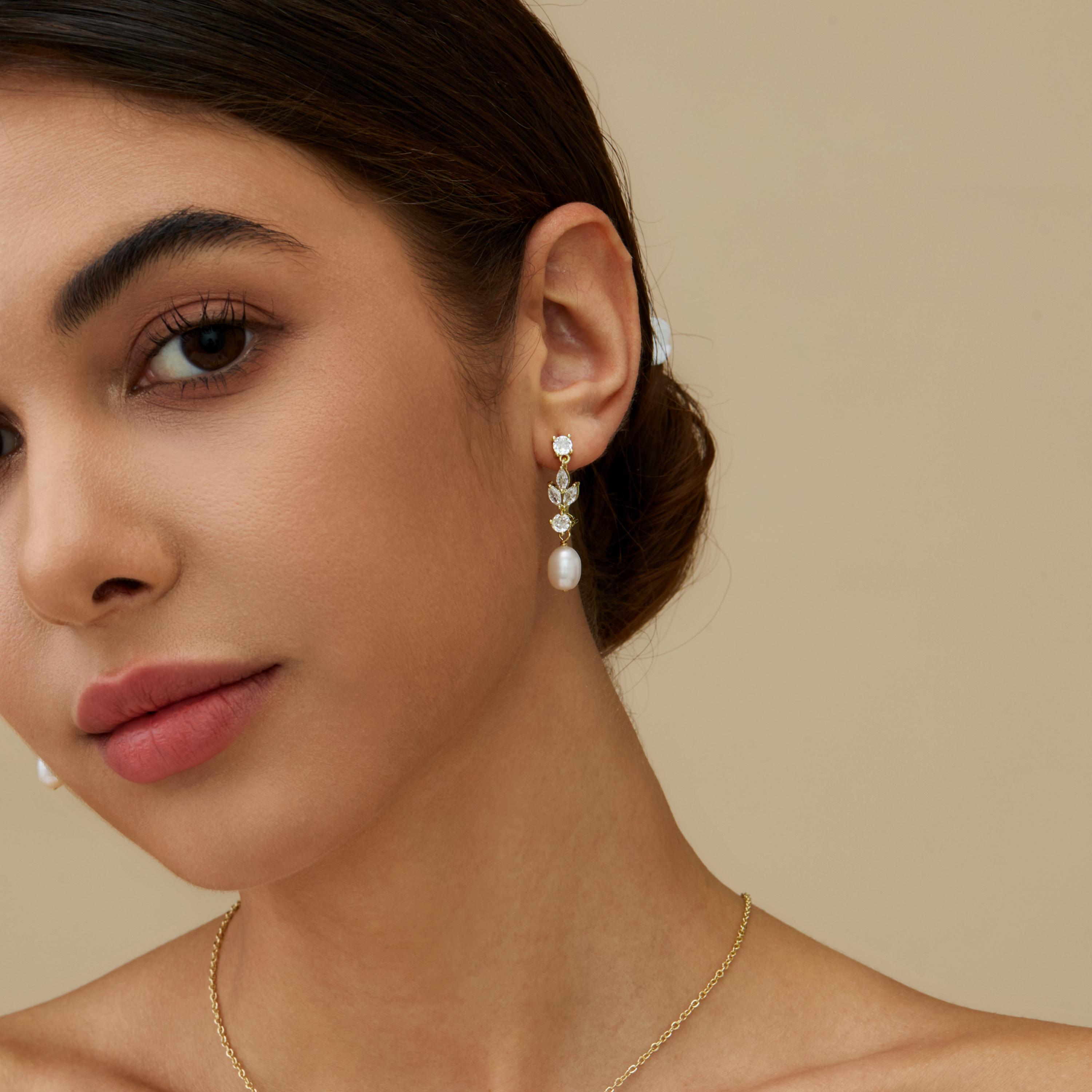 Freshwater Pearl  Earrings,Diamond Leaf Pearl Earrings,Crystal Leaf Bridal Pearl Earrings,Wedding Earrings,Bridesmaid Gift,Mothers Day Gift