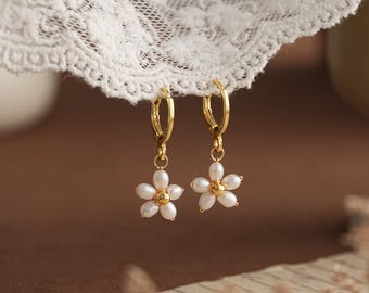 Zoetwaterparelbloemringen, madeliefjepareloorbellen, bruids bloemenpareloorbellen, trouwoorbellen, cadeaus bruidsmeisje, Moederdagcadeau