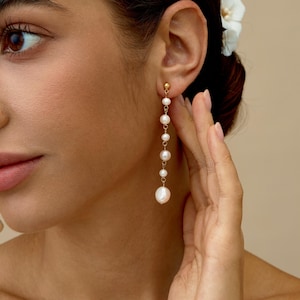 Freshwater Pearl Dangle Earrings,Long Pearl Earrings,Bridal Pearl Drop Earrings,Wedding Earrings, Bridesmaid Gift,Mother&#39;s Gift for Her