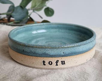 Blue Ceramic Personalised Whisker Friendly Cat Bowl: Handmade Custom Pet Feeding Bowl