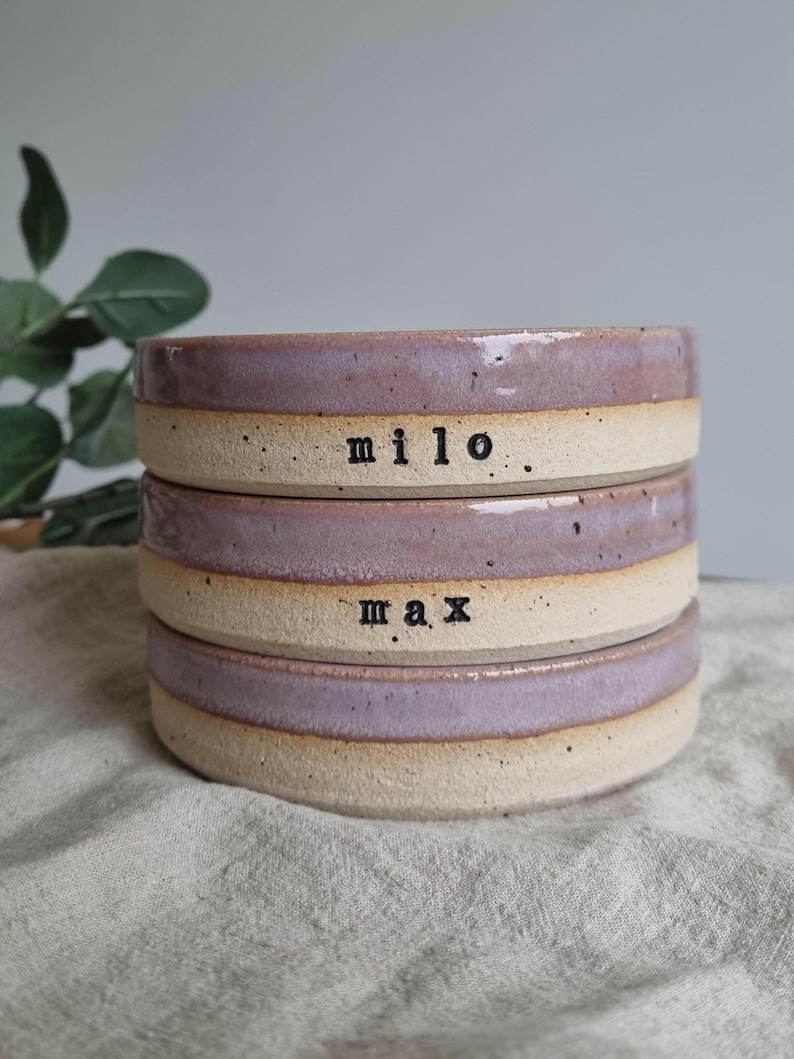 May include: A stack of three ceramic bowls. Each bowl has a lavender rim and a beige center. The name "milo" is printed on the top bowl, and the name "max" is printed on the middle bowl. The bowls are stacked on top of each other.