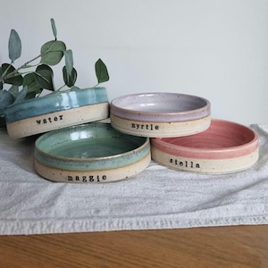 Może przedstawiać: Cztery ręcznie robione ceramiczne miski dla zwierząt w odcieniach niebieskiego, zielonego, r&oacute;żowego i lawendowego. Każda miska ma naturalną, nieszkliwioną podstawę i kolorowe wnętrze. Miski są oznaczone napisami "water", "maggie", "myrtle" i "stella".