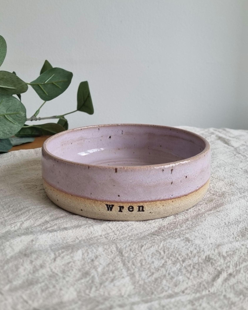 Lavender Ceramic Personalised Whisker Friendly Cat Bowl: Handmade Custom Pet Feeding Bowl Regular