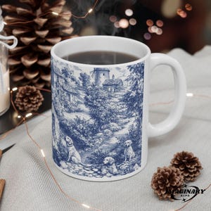 French Toile de Jouy Dog Mug, Gift for dog lover, Pet owner gift, white dog mom gift, tea drinker gifts, blue and white gift, Coffee cup
