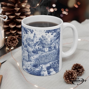 French Toile de Jouy Dog Mug, French Toile, French lover gift, Gift for dog mom, mug for dog lover, blue and white, Coffee cup