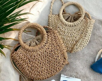 Handmade Straw Bag, Half-Round Rattan Woven Straw Bag, Summer Women Messenger Crossbody Bags, Girls Small Beach Handbag, New Beach Handbag