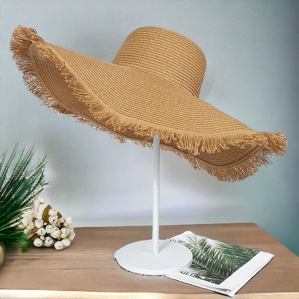 Raw Edges Wide Brim Straw Hat, Solid Women Sun Protection Fisherman Hat, Fashion Beach Hat, Foldable UV Protection Hat, Handmade Straw Hat