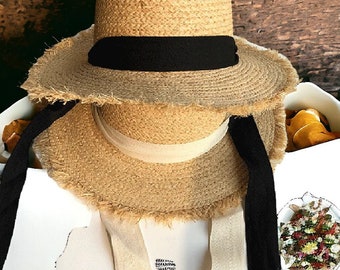 Straw Hat Women, Wide Brim Sun Protection Beach Hat, Black and White Ribbon Bowknot Straw Cap, Casual Ladies Flat Top Panama Hat, Straw Hats
