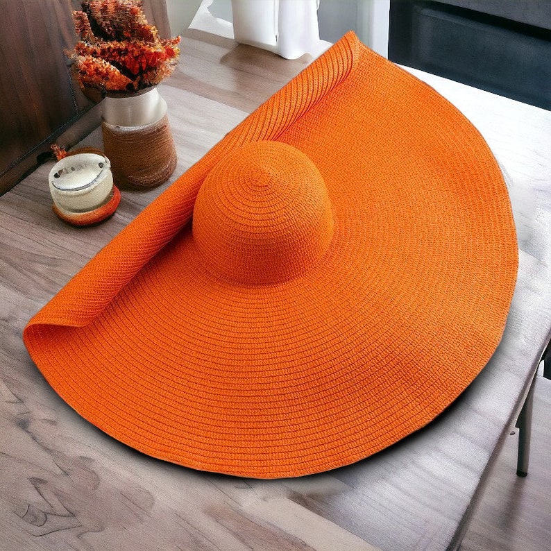 90cm Oversized Wide Brim Straw Beach Hats For Women, Large Hat UV Protection, Summer Floppy Foldable Sun Shade Hat, Handmade Straw Hat Pomarańczowy