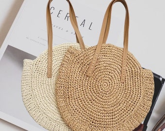 Round Straw Beach Bag, Vintage Handmade, Woven Shoulder Bag, Raffia Circle Rattan Bags, Bohemian Summer Vacation Casual Bags, Tote Beach Bag