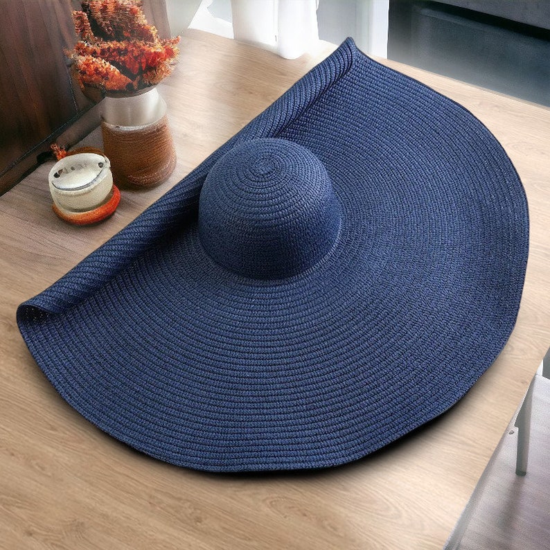 90cm Oversized Wide Brim Straw Beach Hats For Women, Large Hat UV Protection, Summer Floppy Foldable Sun Shade Hat, Handmade Straw Hat Niebieski