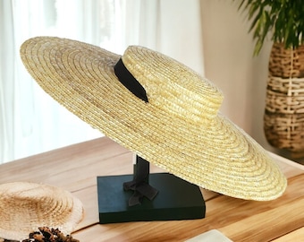 Cappello da donna a tesa larga in rafia, cappello da barca 12/15/18 cm, cappello di paglia con tesa, piatto estivo da donna con nastro bianco nero, berretto da spiaggia con cravatta fatto a mano