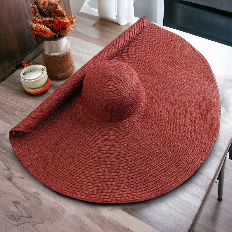 90cm Oversized Wide Brim Straw Beach Hats For Women, Large Hat UV Protection, Summer Floppy Foldable Sun Shade Hat, Handmade Straw Hat Czerwony