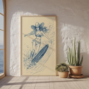 Blue Coastal Surf Up Cowgirl, Coastal Cowgirl Wall Art, Beachy vibes, Cowgirl, Surfer Girl, Vintage Poster, Cowgirl Aesthetic, Poster Retro
