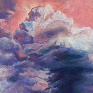 May include: An oil painting of a cloudscape. The artwork features a dramatic sky with large, fluffy clouds in shades of white, purple, and deep blue. The background is a soft pink, creating a contrast with the darker clouds. The painting has a textured appearance.