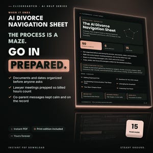 Peut inclure: Un guide numérique intitulé The AI Divorce Navigation Sheet, sur fond noir avec du texte et des accents couleur pêche. Il comprend 50 exemples pratiques, 6 modules rapides et un guide de 15 pages pour organiser documents, dates et réunions.