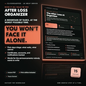 May include: A digital guide titled After Loss Organizer with a black background and peach-colored text. It features 50 worked examples, 6 quick modules, and a 15-page guide. The text includes instructions for managing tasks, certificates, and accounts.