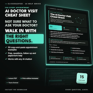AI Doctor Visit Cheat Sheet, How to Use ChatGPT and AI to Prep Appointments and Understand Health Info, 15-Page Guide, 50 Examples, PDF