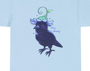 Whimsical Crow with Flower Hat Tee | Whimsical Raven Illustration