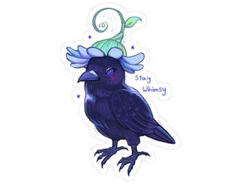 Whimsical Crow Sticker | Kiss-Cut Sticker, Purple Raven with Flower Hat
