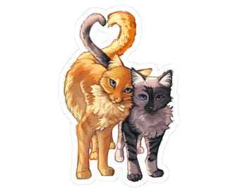 Two Cats Heart-Tail Kiss-Cut Sticker | Orange & Gray calico - Feline Pair