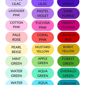 May include: A color chart with a variety of hues, including light lavender, medium blue, and deep blue. The chart also features shades of pink, green, and yellow, with the word "COLORS" at the top.