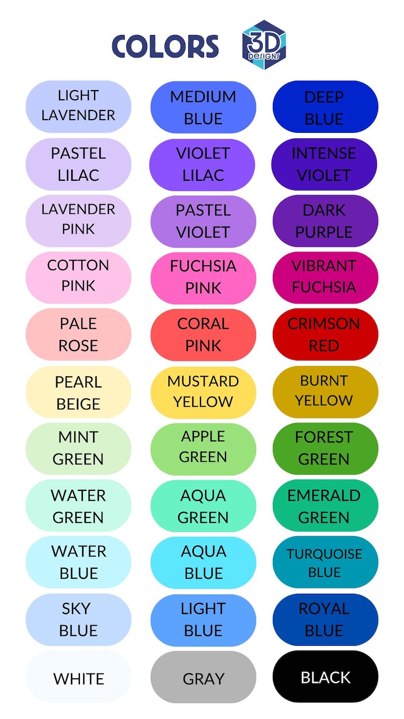 May include: A color chart with a variety of hues, including light lavender, medium blue, and deep blue. The chart also features shades of pink, green, and yellow, with the word "COLORS" at the top.