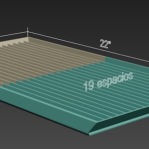 May include: A 3D rendering of a rectangular object with a grooved surface. The object is divided into two sections, one tan and one teal. Dimensions are 22 inches long, 12 inches wide, and 1/2 inch high. The text "19 spaces" is visible.