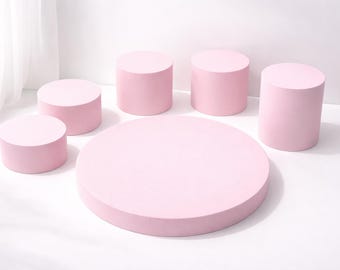 Juego de 6 soportes cilíndricos para expositores: soportes minimalistas para fotografía de productos y expositores modernos.