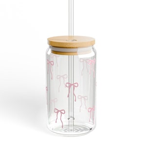 Coquette Pink Bow Glass Tumbler: 16oz Sipper Mug With Bamboo Lid - Etsy