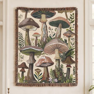Couverture tissée champignon, jeté de coton tressé confortable, tapisserie murale champignon, cadeau parfait pour les amoureux de la nature, décoration d'intérieur boisée