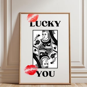 Arte murale retrò con carte da gioco / Stampa "Sei fortunato" con la Regina di Cuori / Poster trendy con labbra baciate / Stampa "Femme Fatale" / Arte murale trendy da ragazza