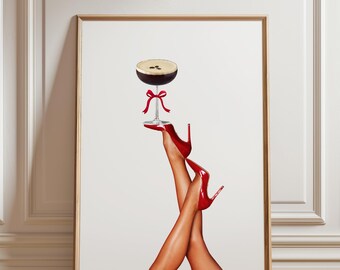 Red Heels & Espresso Martini Art Print: Girly Glam Decor