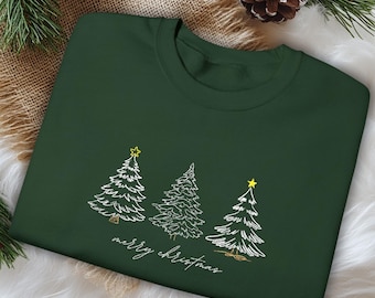 Embroidered Christmas Tree Sweatshirt, Unisex Festive Crewneck