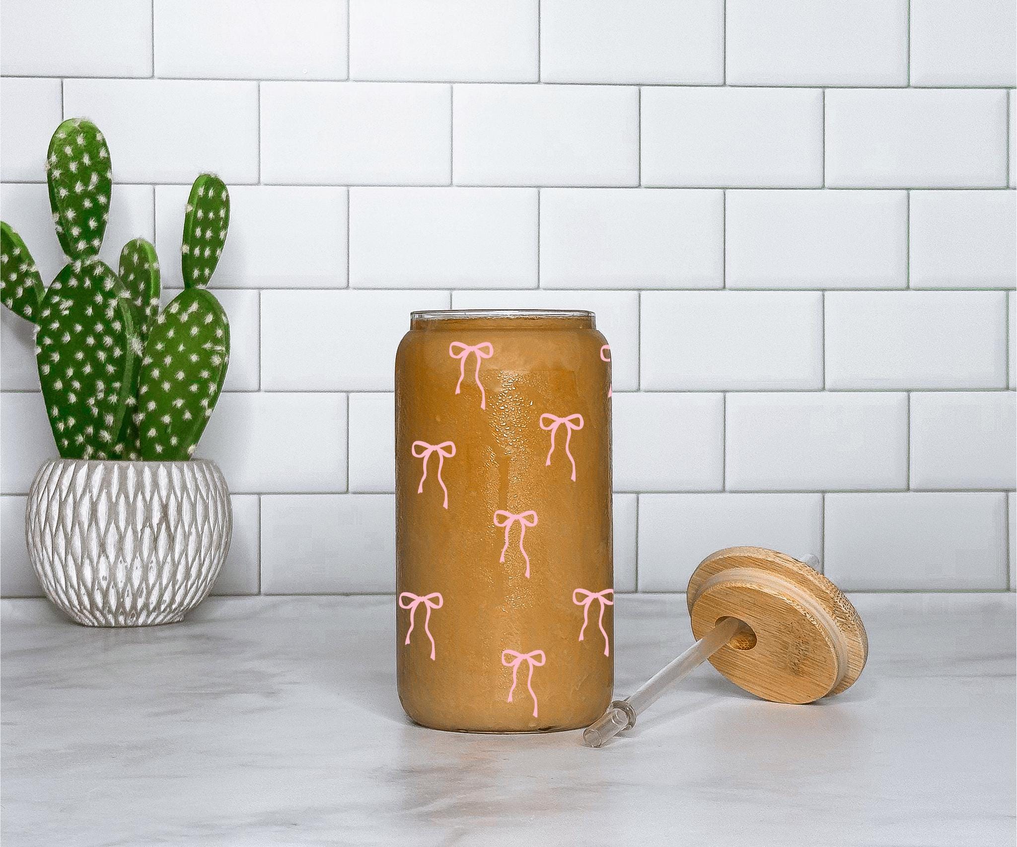 Coquette Pink Bow Glass Tumbler: 16oz Sipper Mug With Bamboo Lid - Etsy