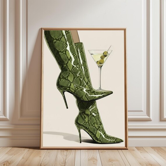 Olive Snake Print Heels and Martini Art Print