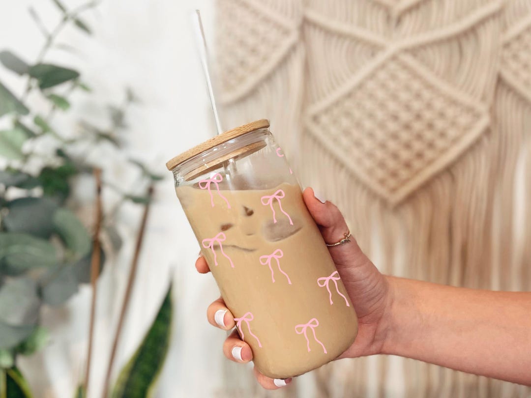 Coquette Pink Bow Glass Tumbler: 16oz Sipper Mug With Bamboo Lid - Etsy