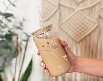 Coquette Pink Bow Glass Tumbler: 16oz Sipper Mug with Bamboo Lid