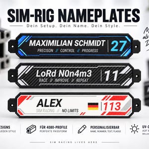 Könnte beinhalten: Drei rechteckige, schwarze Namensschilder für Sim-Rigs mit Befestigungslöchern an den Enden. Das obere Schild ist blau mit MAXIMILIAN SCHMIDT 27, das mittlere schwarz mit LoRd N0n4m3 11 und das untere weiß mit ALEX 113 und einer deutschen Flagge.