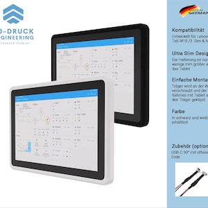 Puede incluir: Dos soportes de pared para una tableta, uno negro y otro blanco. Los soportes están diseñados para las tabletas Lenovo Tab M10/3. Gen & M11. El texto "Ultra Slim Design" es visible, lo que indica que los soportes son delgados y discretos. El texto "Made in Germany" también es visible.