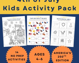 4. Juli Kids Aktivitätspaket - Amerikas 250. Ausgabe, 4-6 Jahre + Bonus bearbeitbares Zertifikat