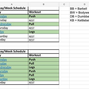 May include: A green and white spreadsheet with a 3 Day/Week Schedule and a 6 Day/Week Schedule for workout routines. The spreadsheet lists the days of the week and the corresponding workout type, such as Push, Pull, Legs, and Rest.