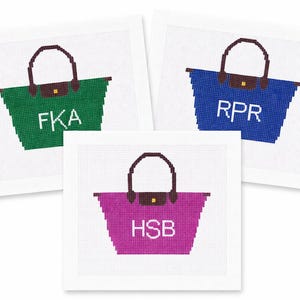 May include: Three square embroidered designs showing pixelated tote bags in green, blue, and magenta. Each bag has a brown handle and flap, with white initials: FKA, RPR, and HSB. The designs are on white fabric.